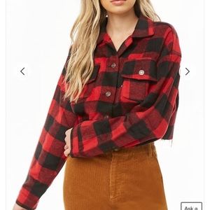 Crop Buffalo Plaid Fleece Button Flannel Top